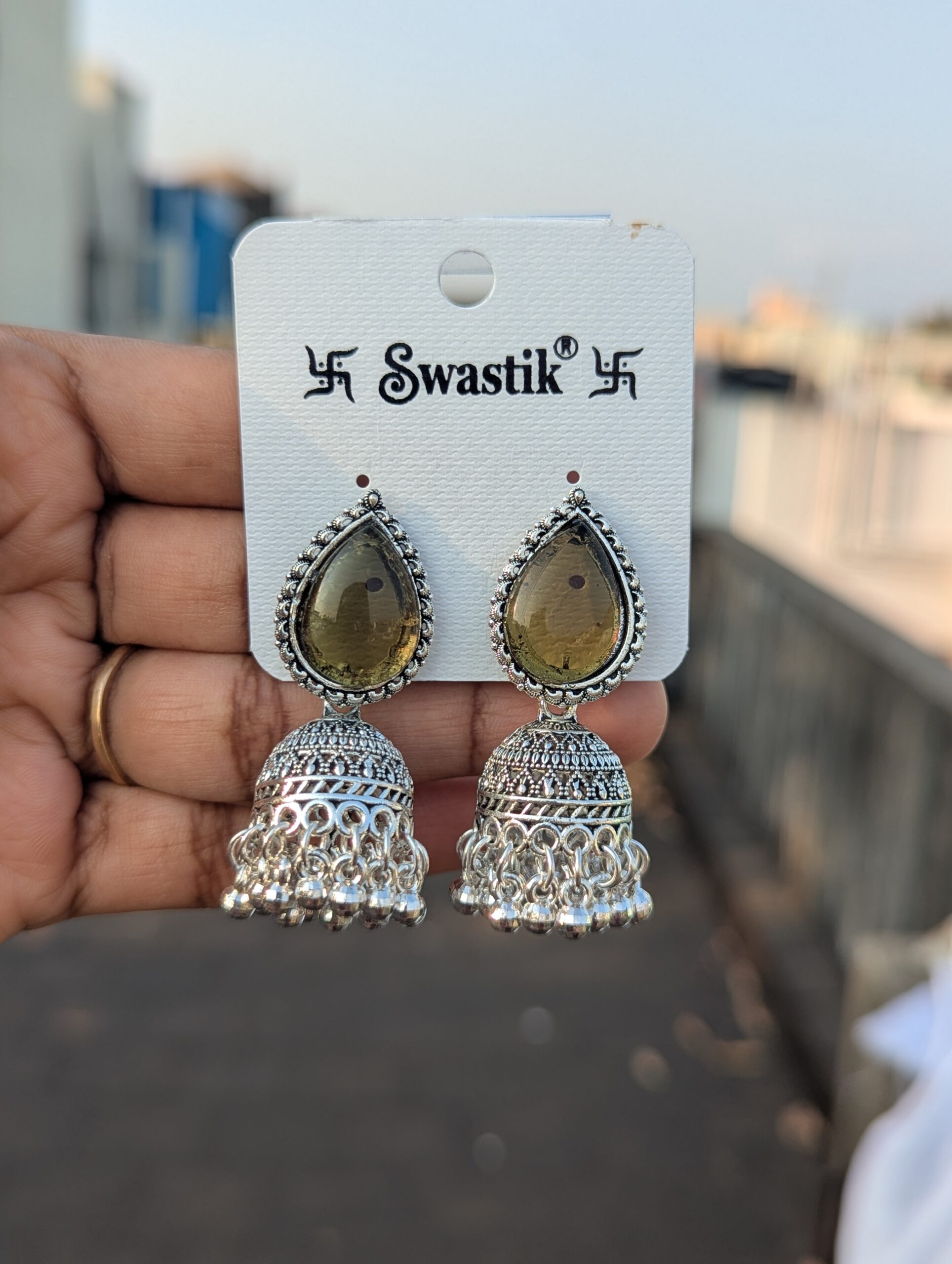 Silver jhumka _ Green