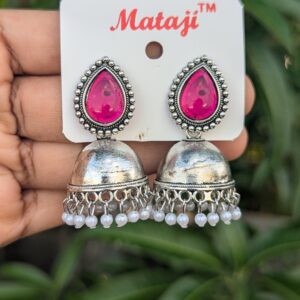 Silver Stone Jhumka_Pink