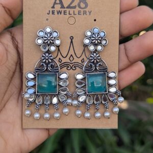 Oxisdised Silver Earring_Aqua Green