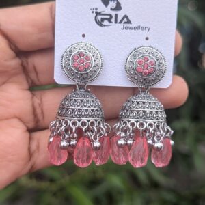 Beads Silver Jhumka_Pink