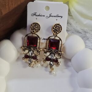 Oxisdized Golden Stone Earring_Maroon
