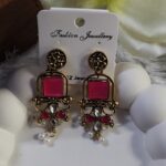Oxisdized Golden Stone Earring_Pink
