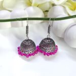 Oxidised Hook Pink Beads Jhumka_Medium Size