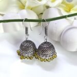 Oxidised Hook Green Beads Jhumka_Medium Size