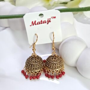 Gold Oxidised Red beads Jhumka _Medium size