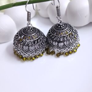Oxidised Hook Green Beads Jhumka_Large Size